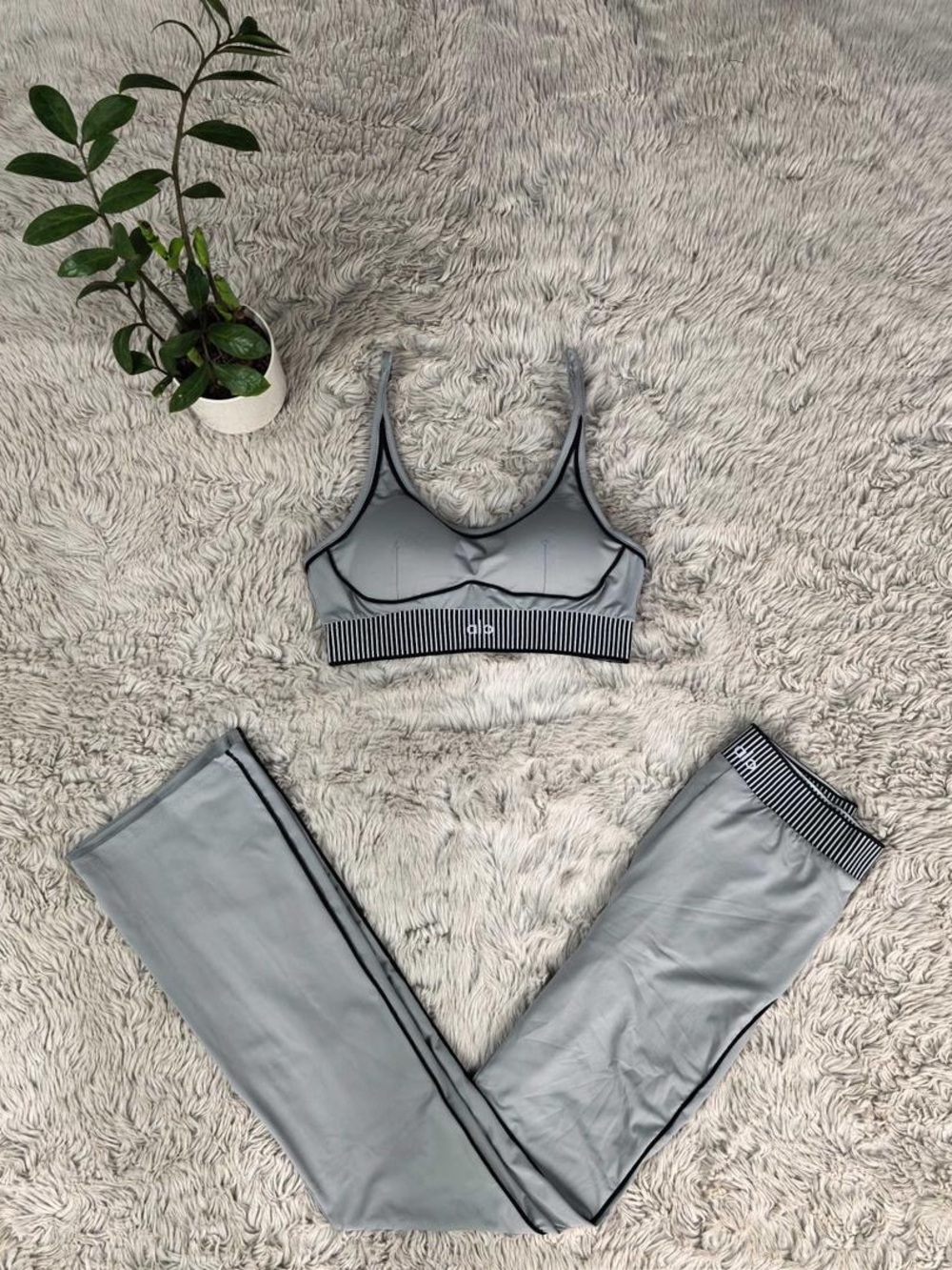 ALO Yoga Light Grey Striped Elastic Bralette & Leggings Set